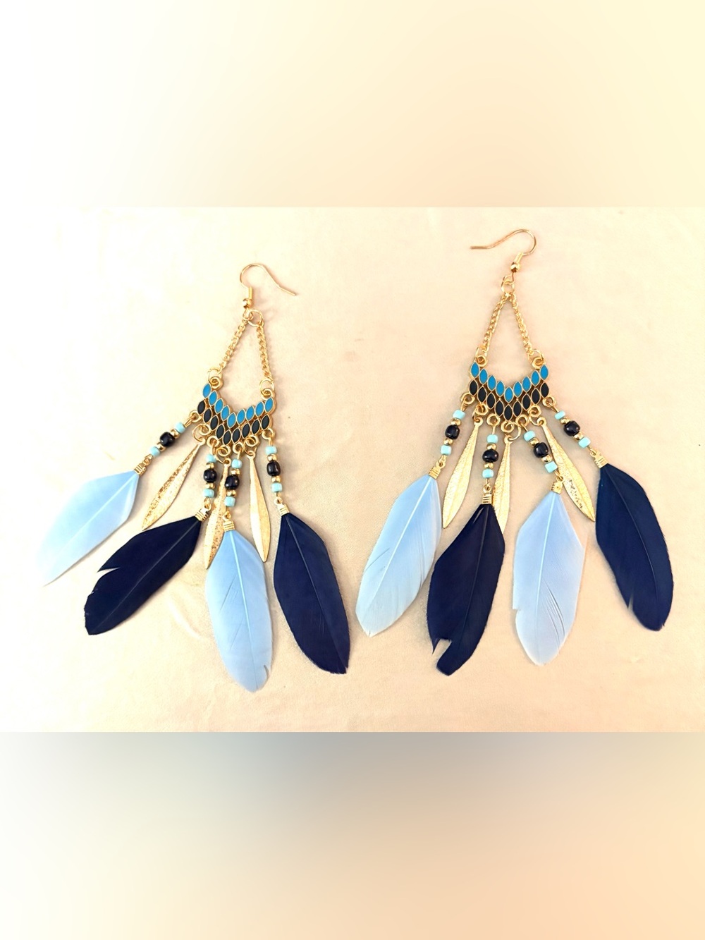 Gold-Tone Blue Feather Dangle Earrings - Lightweight Boho Chic
